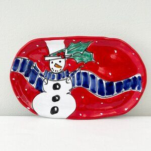 LA MUSA Pottery Snowman Plate Hand Painted Christmas Holiday Red Made in Italy